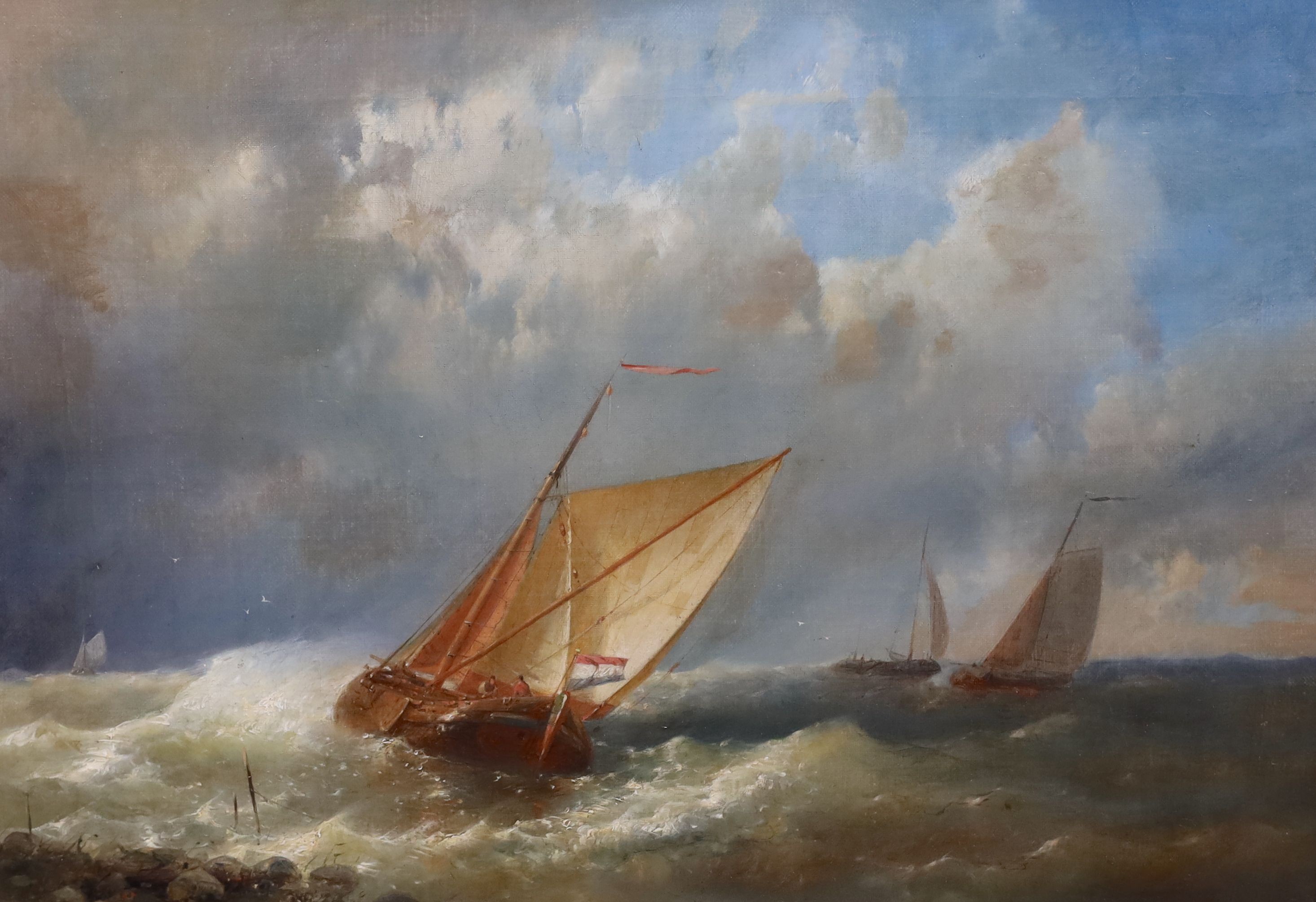 Abraham Hulk (Dutch, 1813-1897), Dutch vessels off the coast, oil on canvas, 30 x 43cm